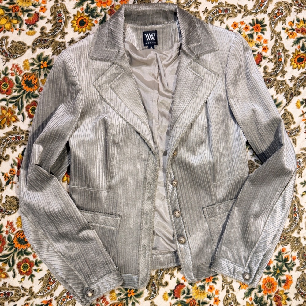 Worth New York Y2K Silver Gray Corduroy Blazer Jacket Filigree‎ Buttons Size 4